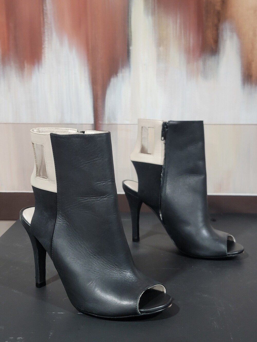 Alepel Black White Leather Open Toe High Heel Ankle Bootie Sz 6 US Sz 37 EU